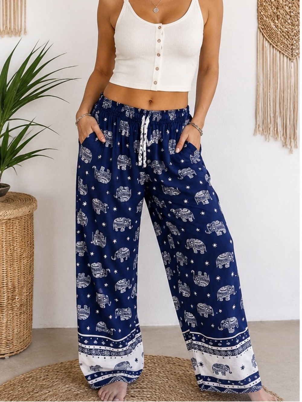 NWOT Boho Elephant Print Wide Leg Lounge Pants Blue White Stretch Waist One Size